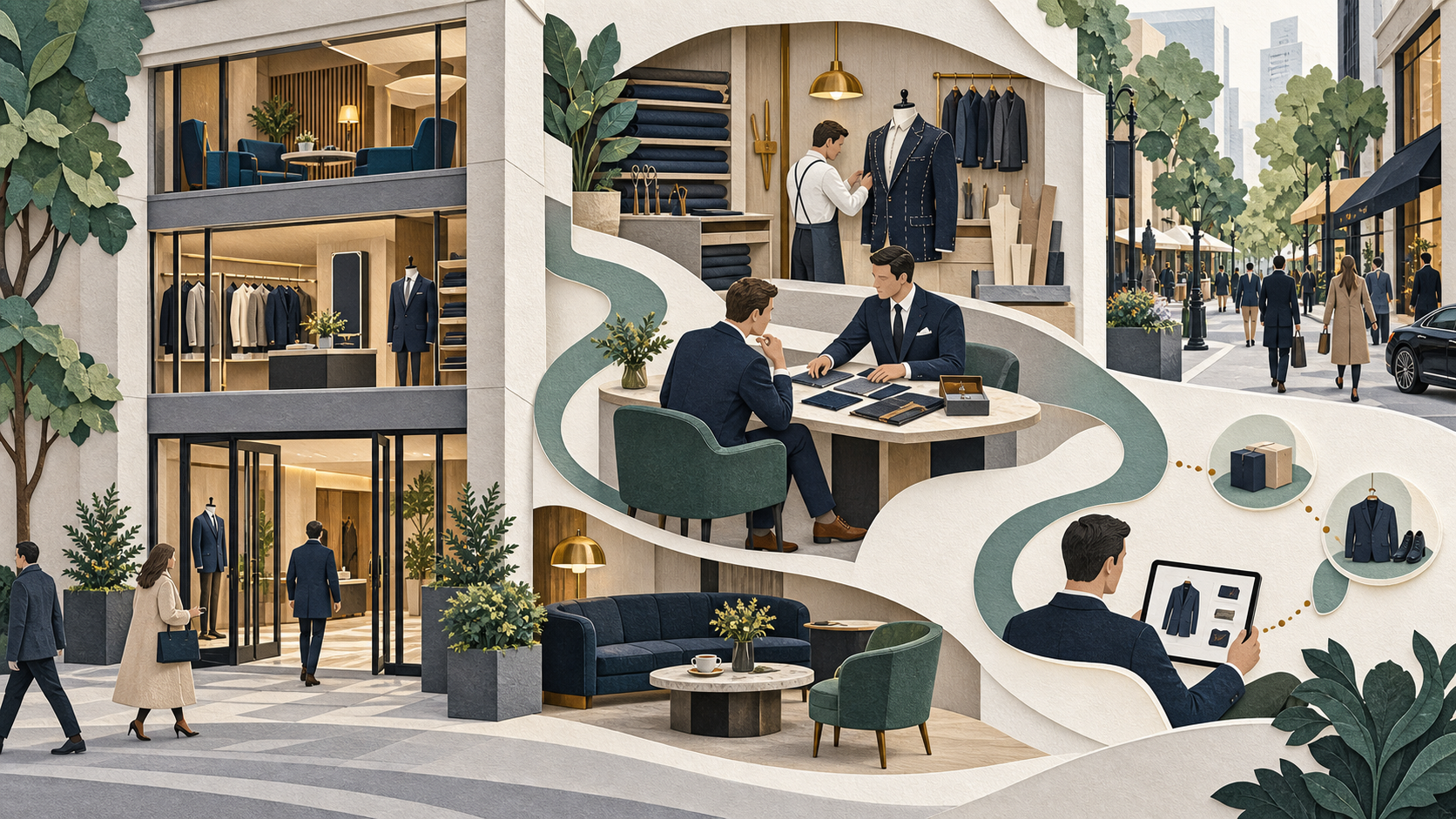Matte paper luxury retail illustration showing a smaller flagship, tailoring atelier, client lounge, advisor relationship and digital follow-on path.