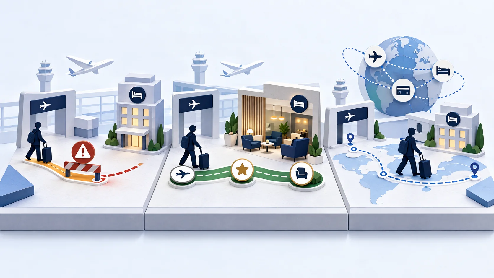 Matte loyalty continuity system map connecting hotel, airline, credit card, traveller, app, elite status, points transfer and recovery touchpoints.