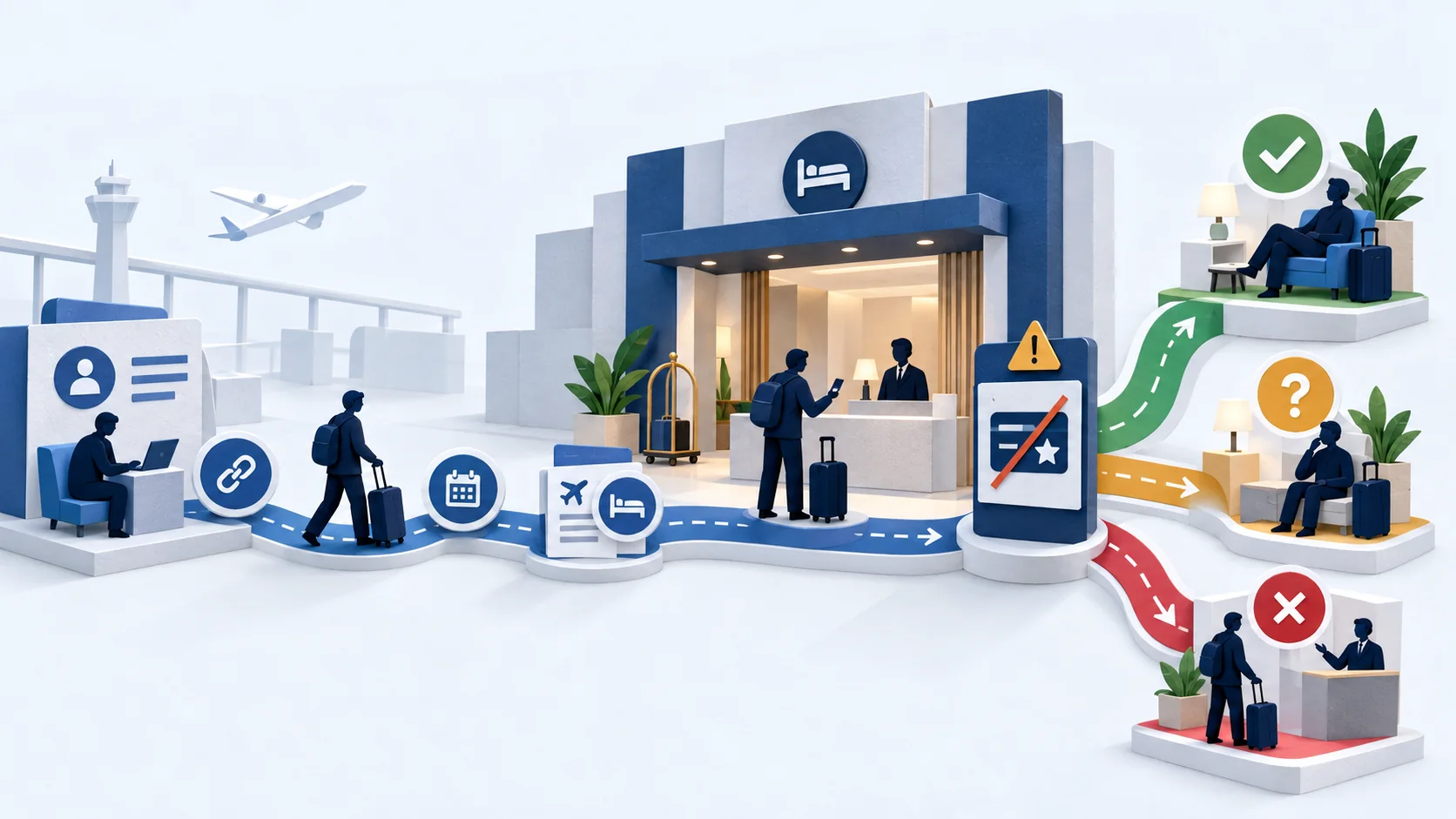 Matte illustration showing a traveller's airline loyalty expectation path stopping at a hotel check-in boundary.