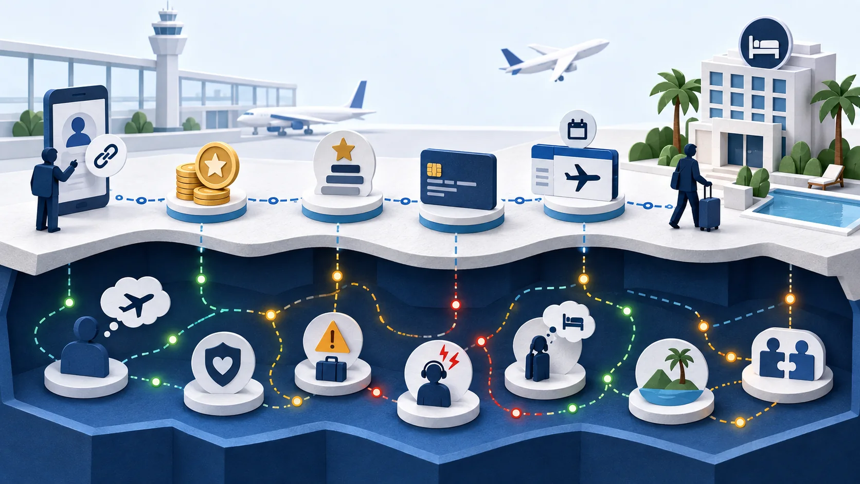 Matte layered travel intelligence illustration showing visible partnership mechanics above the surface and hidden revenue, relationship and recovery signals below.