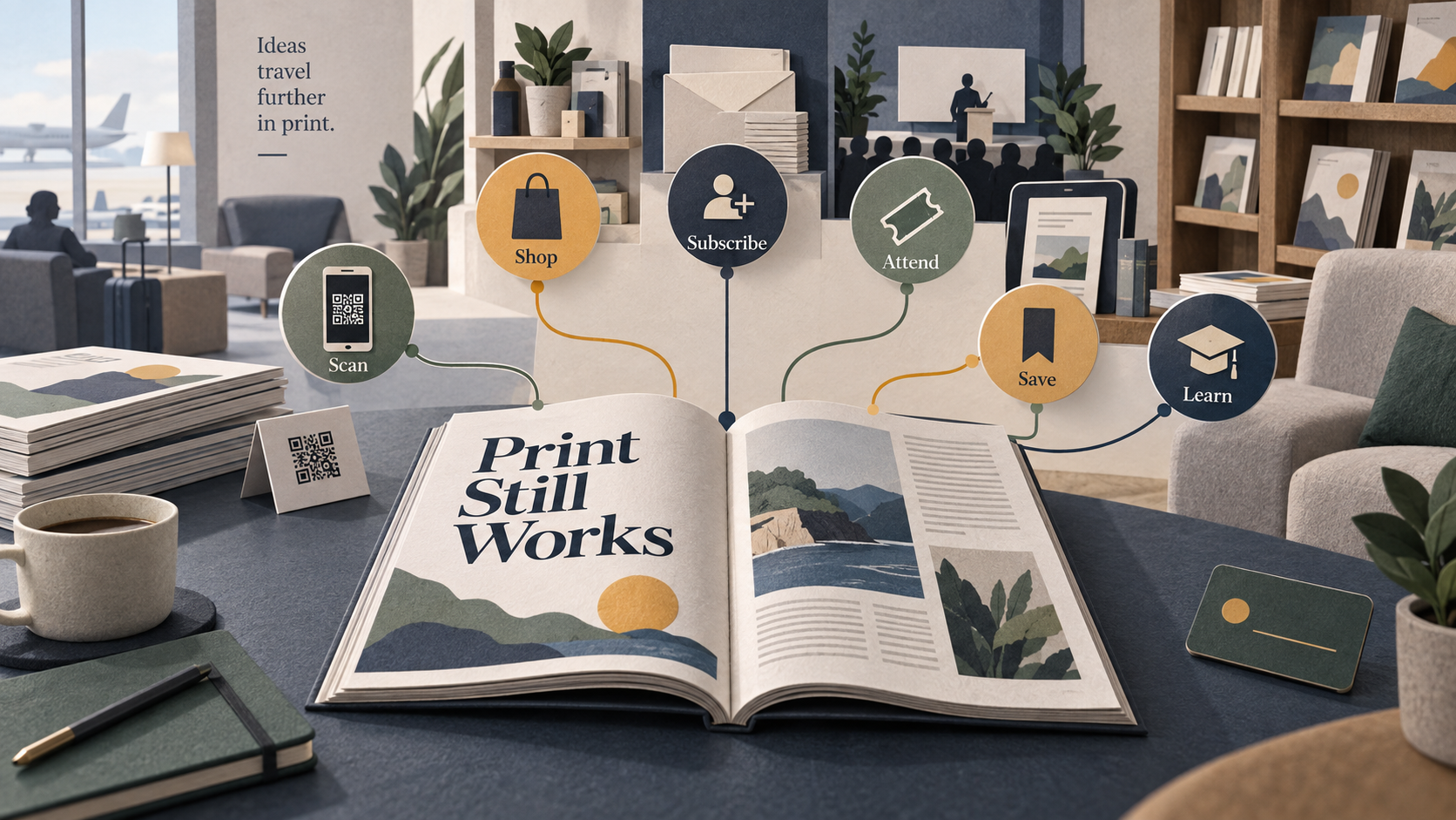 A matte paper magazine system map showing an open print magazine connected to scan, shop, subscribe, attend, save and learn paths.