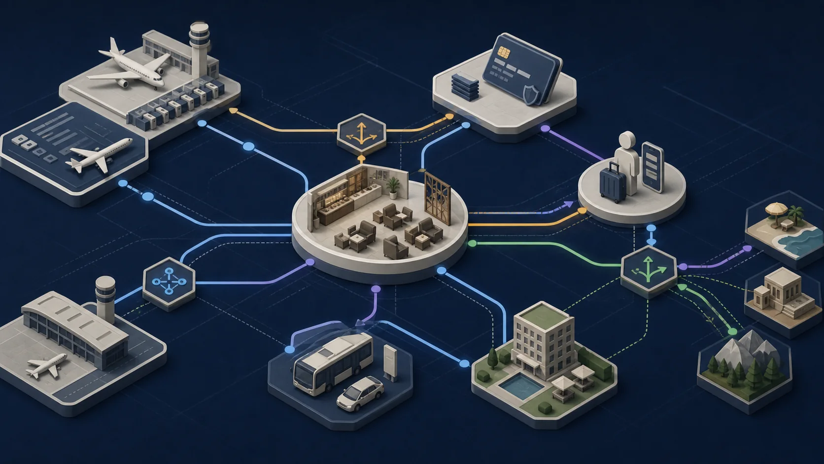 Matte ecosystem map showing airline, airport, lounge, card, traveller, hotel, ground transportation, and destination nodes connected by value flows.