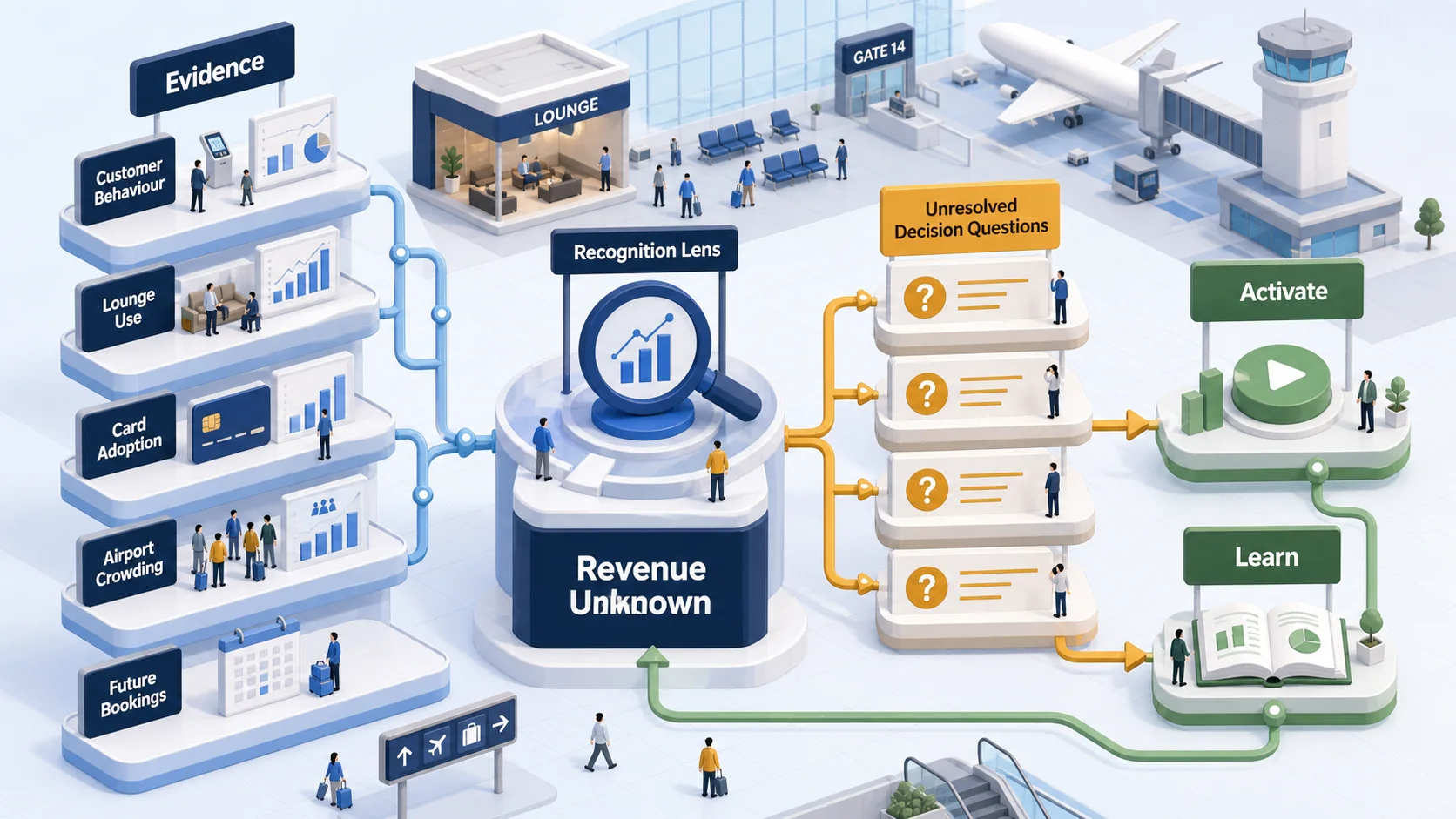 Matte recognition lens showing customer behaviour, lounge use, card adoption, airport crowding, and future booking evidence becoming unresolved decision questions.