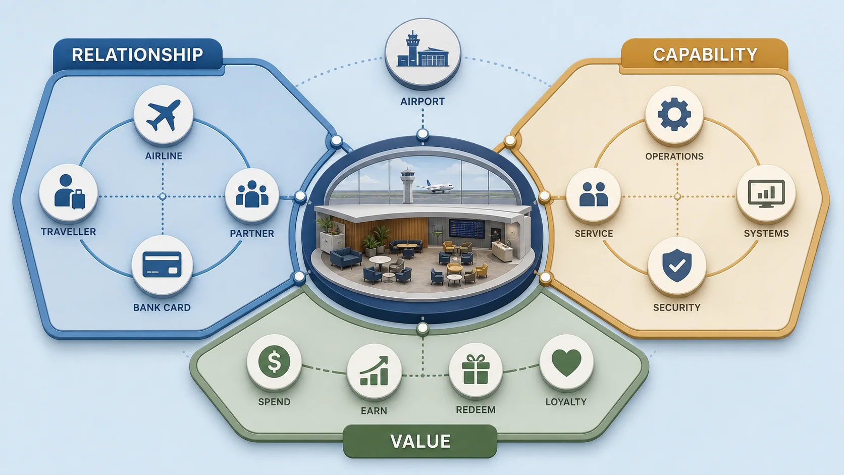 Matte system diagram showing relationship, capability and value states around an airport lounge ecosystem.