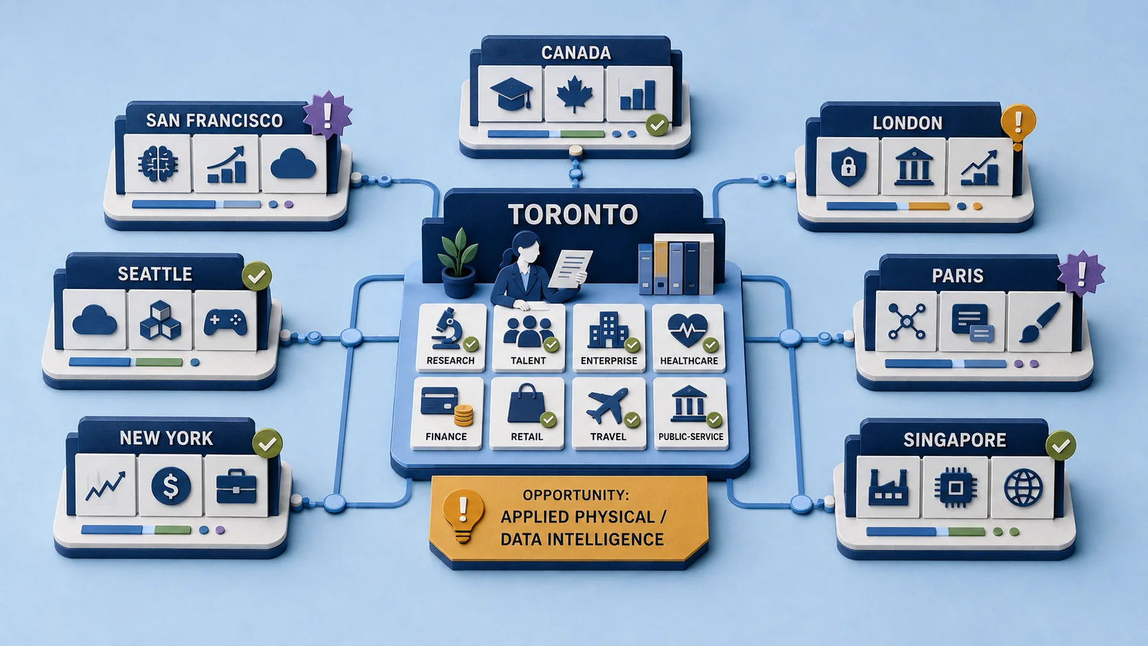 Matte dimensional Transformidy comparison map showing Toronto among global AI hubs and applied physical-data intelligence strengths.