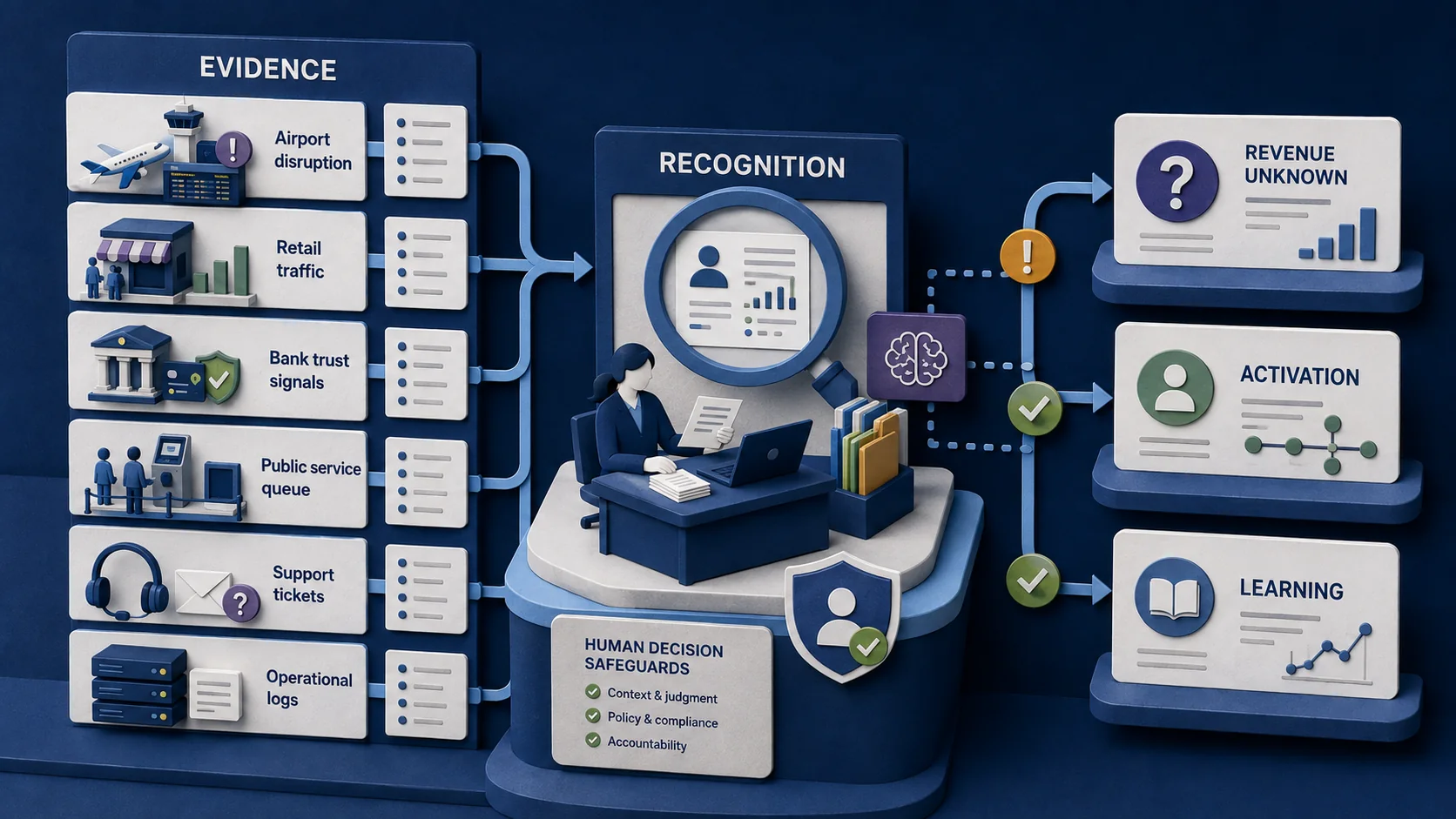 Matte dimensional Transformidy workflow showing physical-world evidence flowing through Recognition into Revenue Unknown, Activation and Learning decisions.