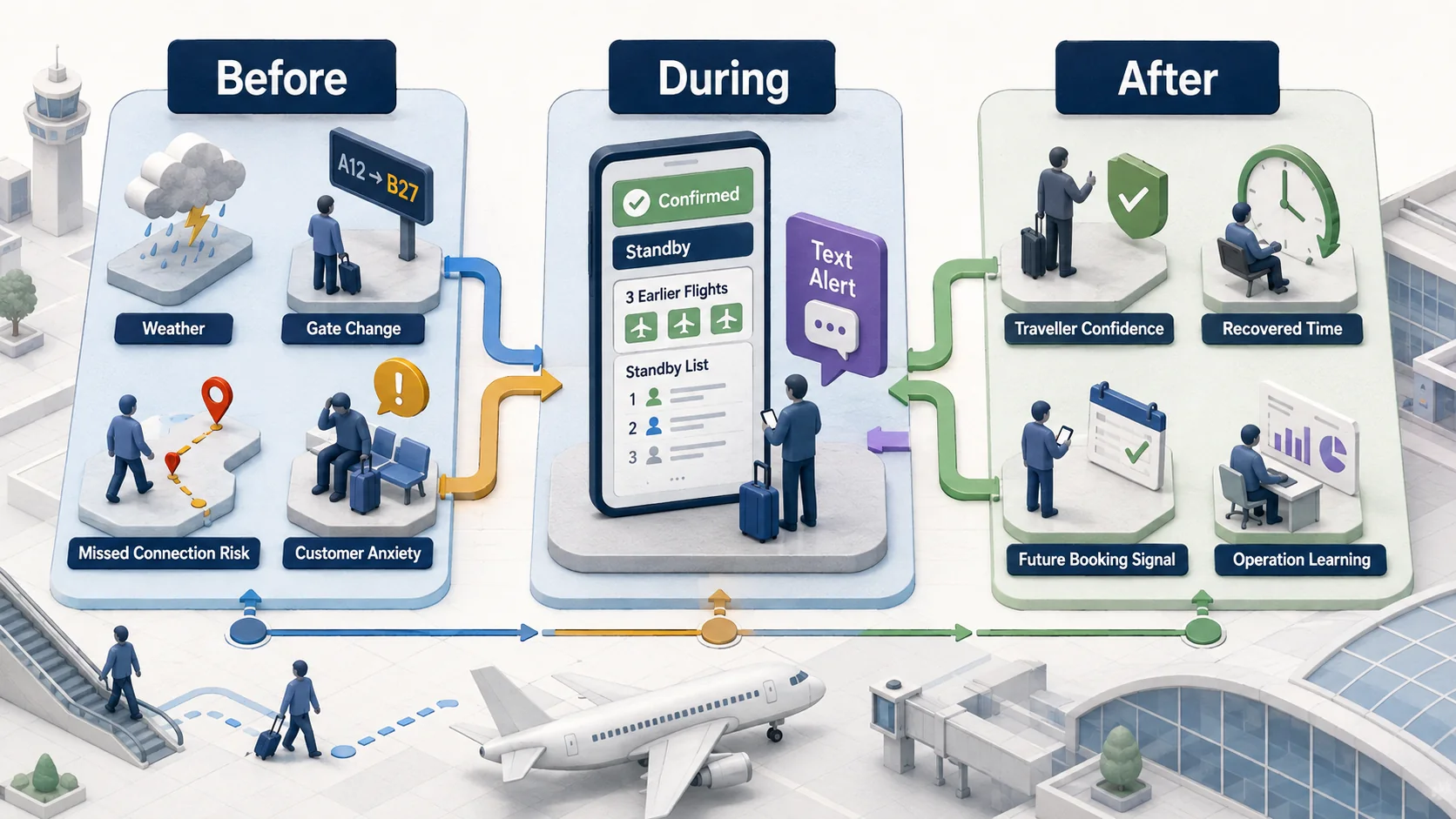 Matte isometric map showing before, during and after disruption windows around confirmed rebooking, standby options and learning.