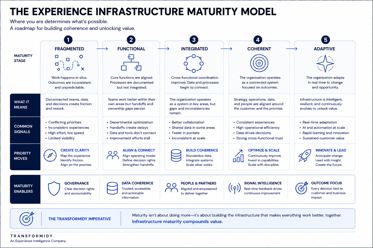 Transformidy One operating model showing advisory, diagnostics, intelligence, and product infrastructure components.