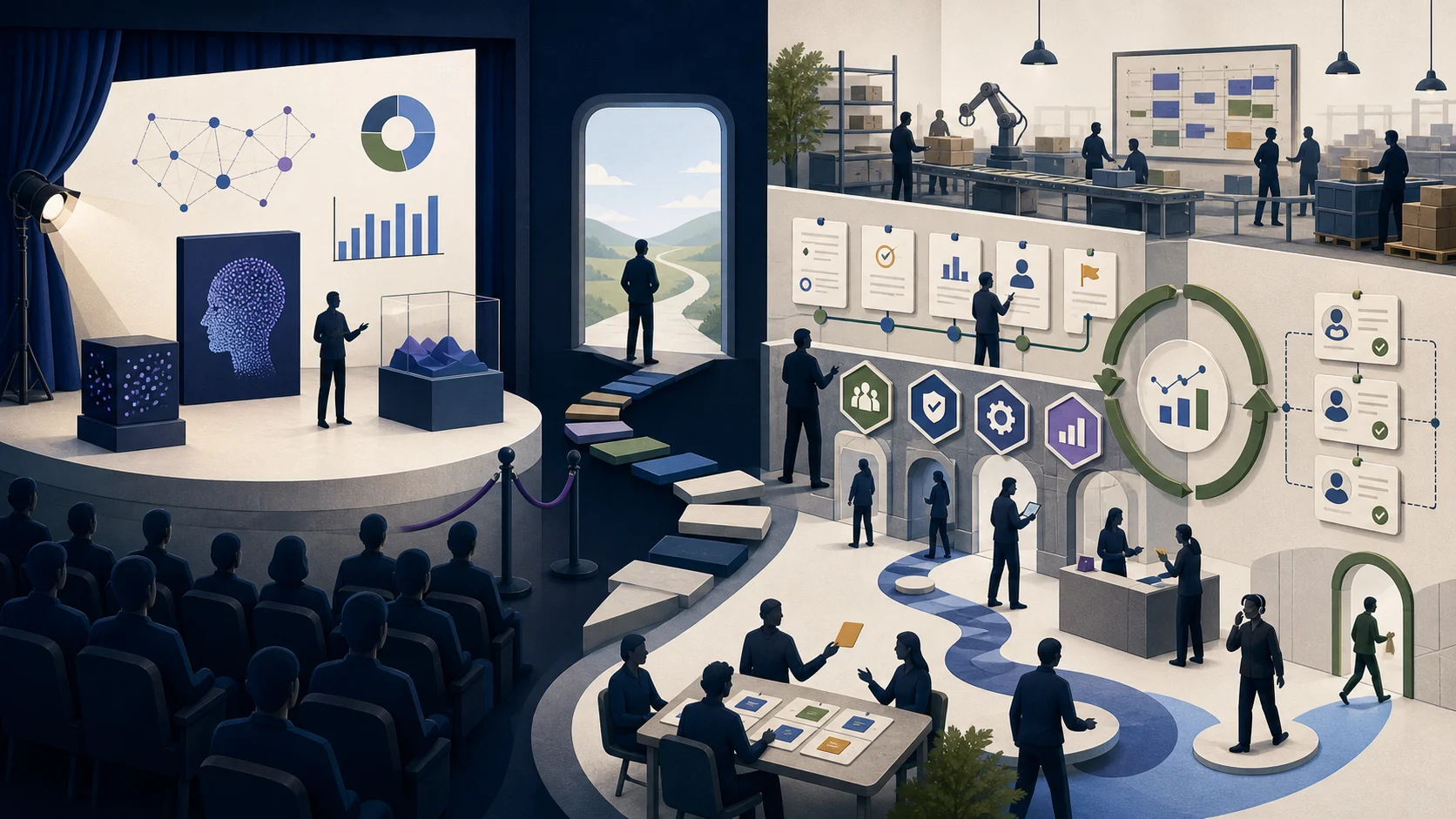 Matte editorial illustration contrasting an AI demo stage with a connected operating floor where evidence, decisions, capabilities, and learning are linked.