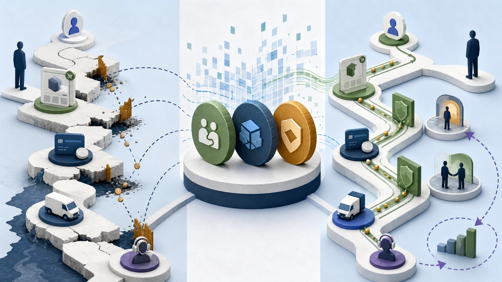 Matte editorial illustration of fractured commerce and service paths being interpreted through relationship, capability, and value checks into coordinated revenue flow.