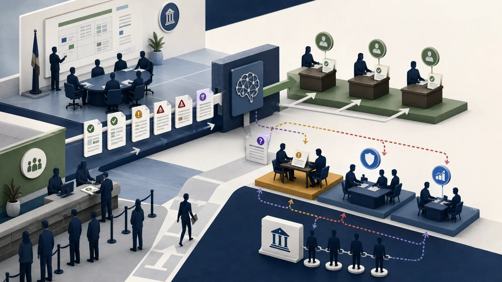 Matte editorial illustration of institutional evidence flowing through an AI checkpoint toward accountable decision owners, validation paths, and learning loops.