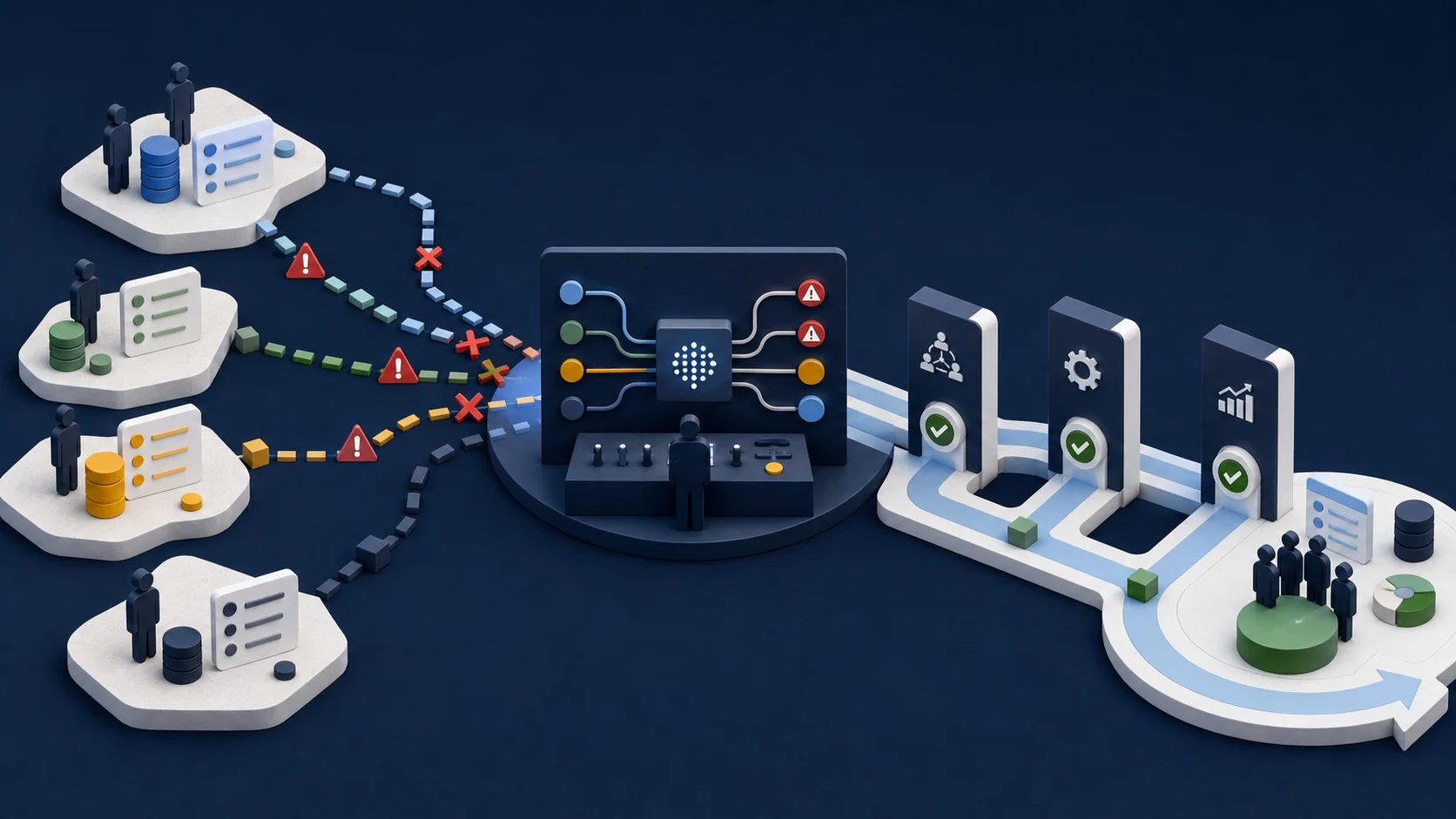 Matte editorial illustration of disconnected organizational paths feeding conflicting signals into an AI decision console before being routed into clearer operating checks.