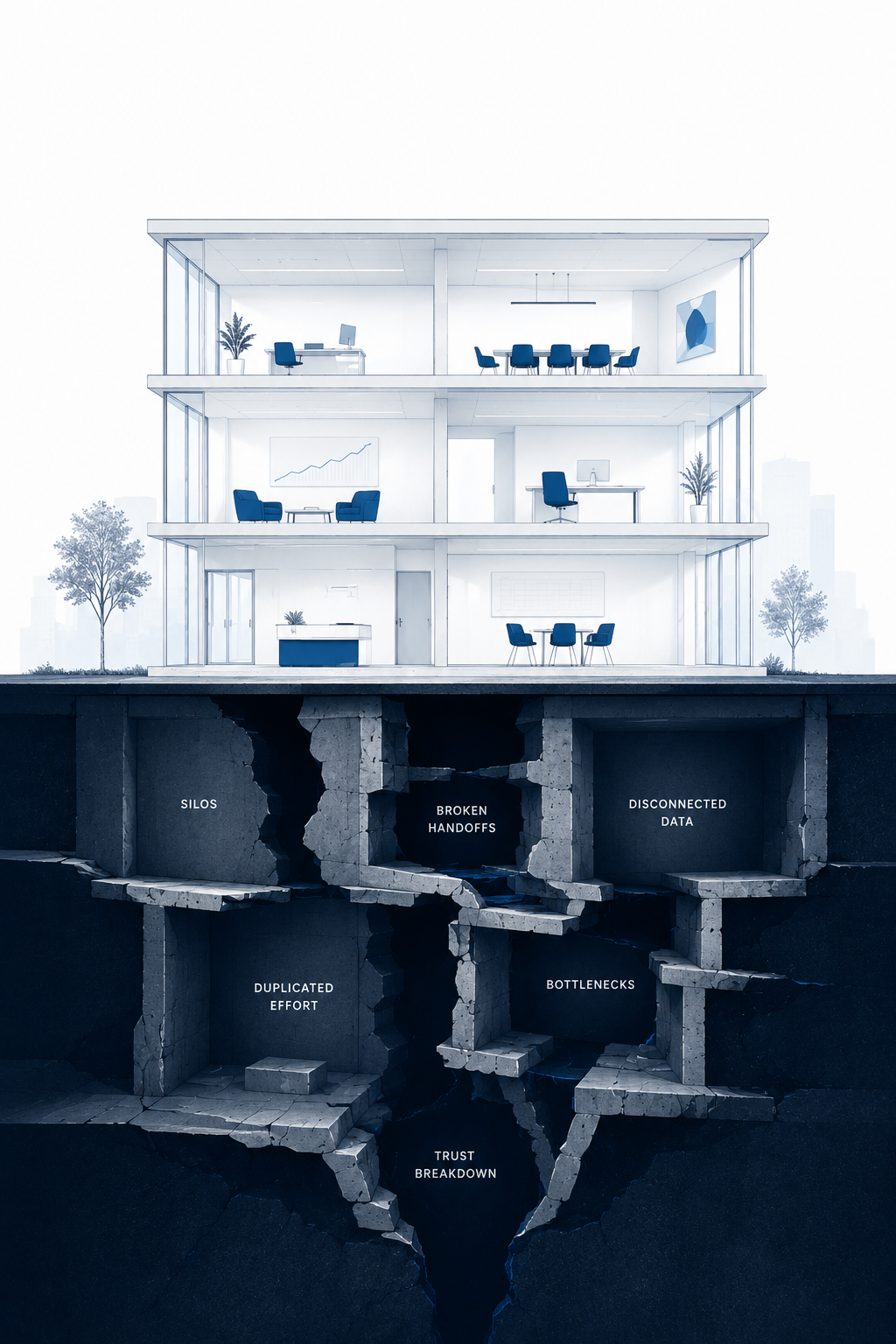Office building cross-section with visible work above ground and hidden fractured foundations below labeled silos, broken handoffs, disconnected data, duplicated effort, bottlenecks, and trust breakdown.