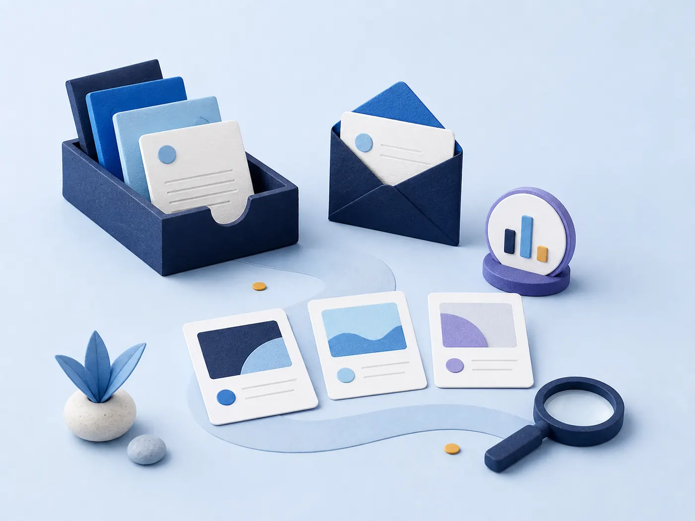 A tactile intelligence follow-up desk with article cards, newsletter envelope, search lens, and library tray.
