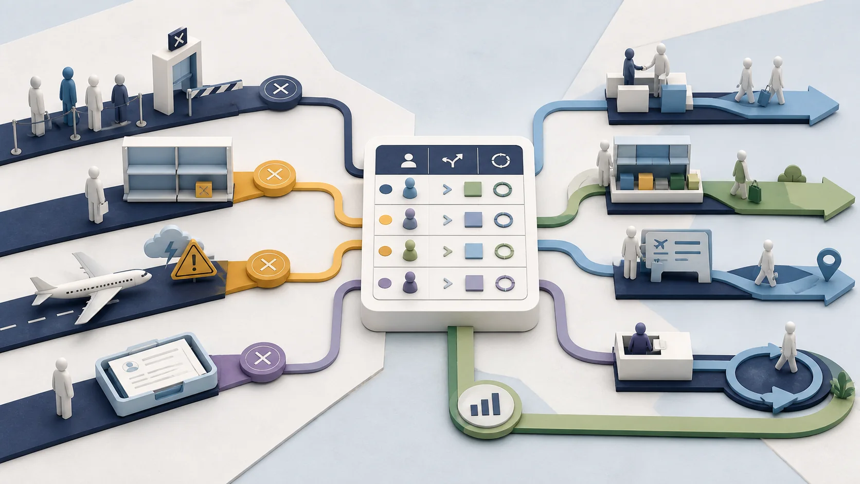 Matte layered illustration of dead-end service experiences being routed into owners, recovery paths, and learning loops.