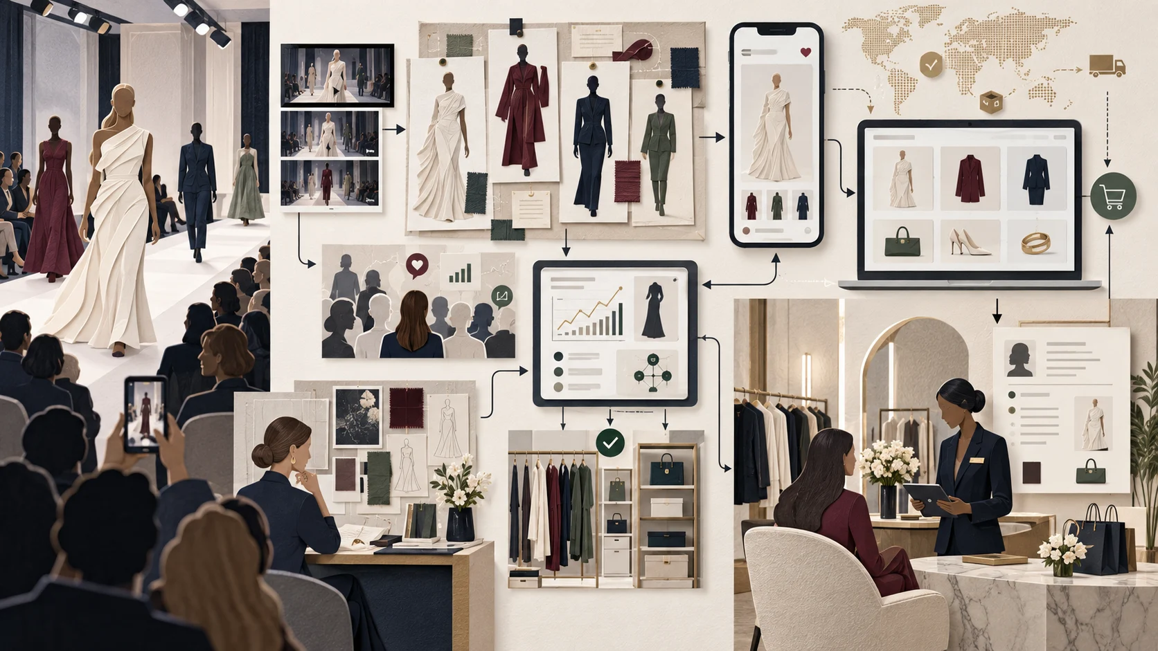 A matte paper luxury retail intelligence illustration showing runway looks, audience interest, product availability, brand apps, ecommerce and clienteling.