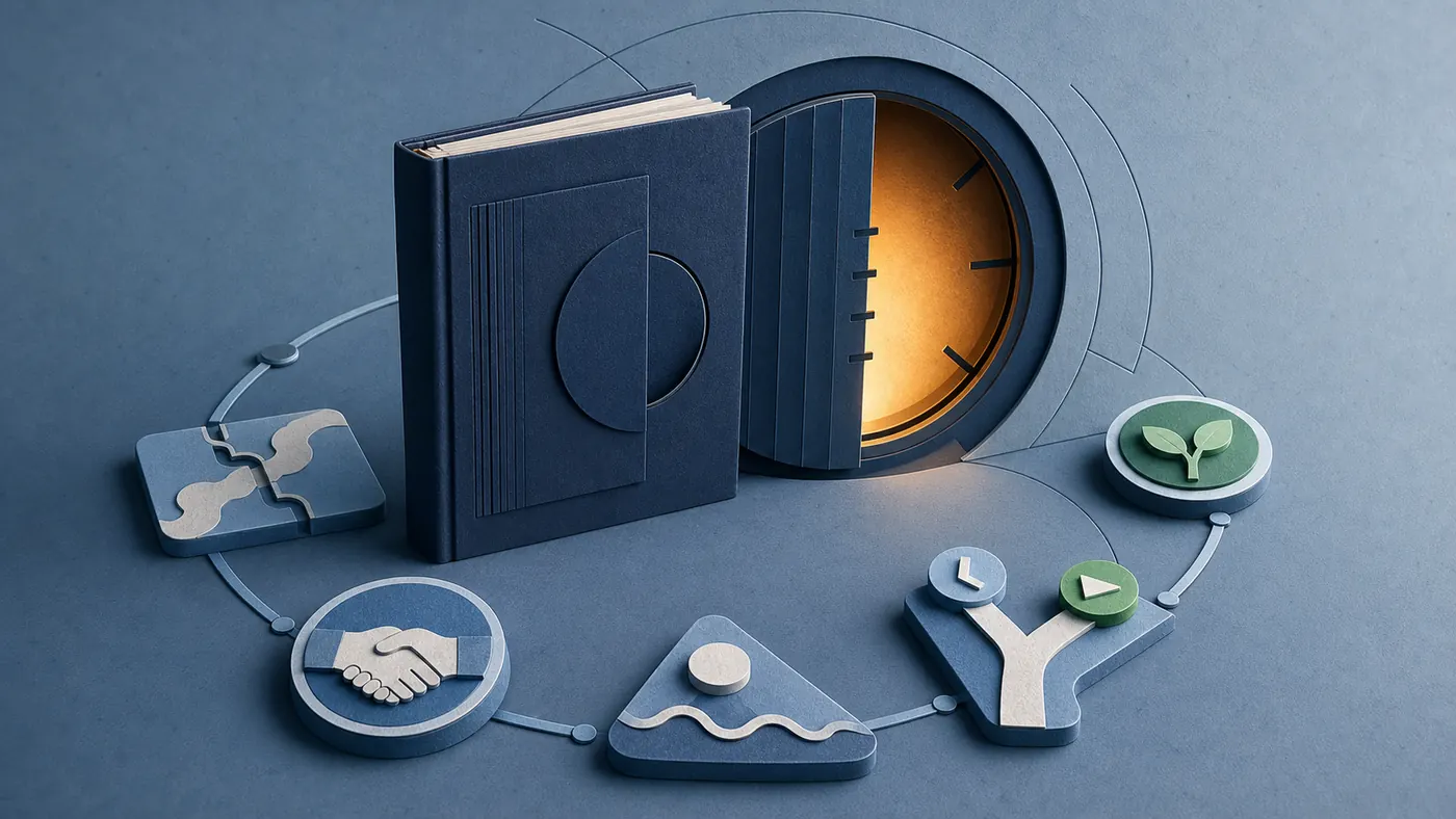 A forthcoming business book beside an amber decision window, customer-experience fragments, and a subtle learning loop.