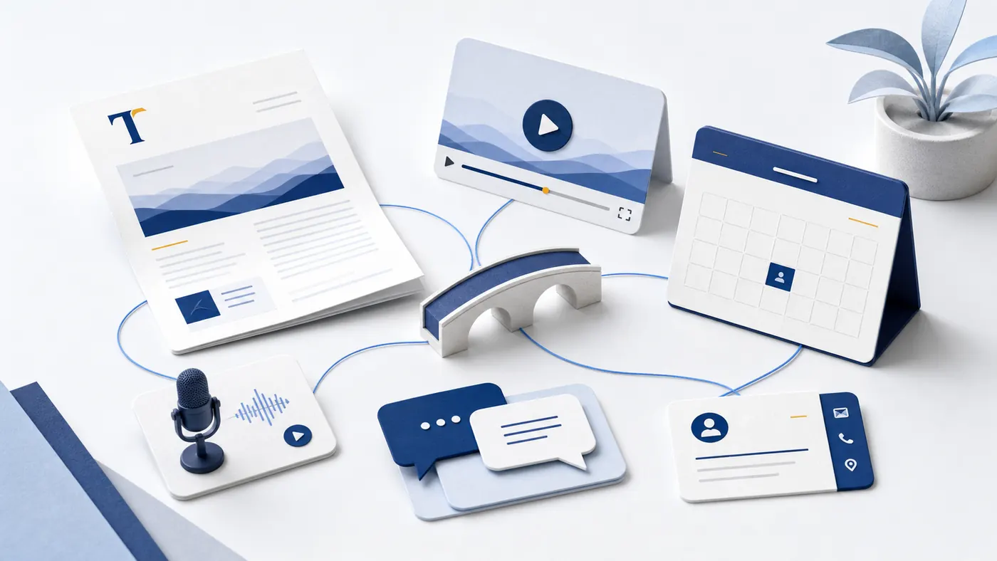 A relationship desk illustration with newsletter, media, podcast, meeting, contact, and message elements connected across a bright workspace.