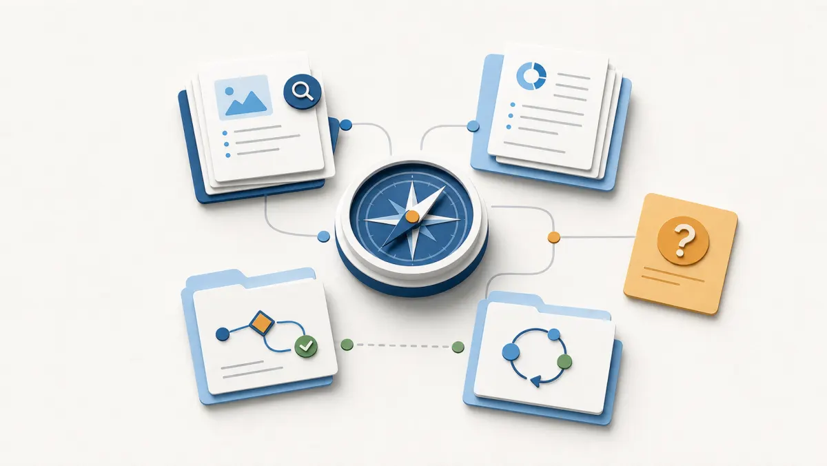 A refined intelligence library illustration with evidence, briefs, Revenue Unknown questions, decision notes, and learning records organized around a recognition compass.