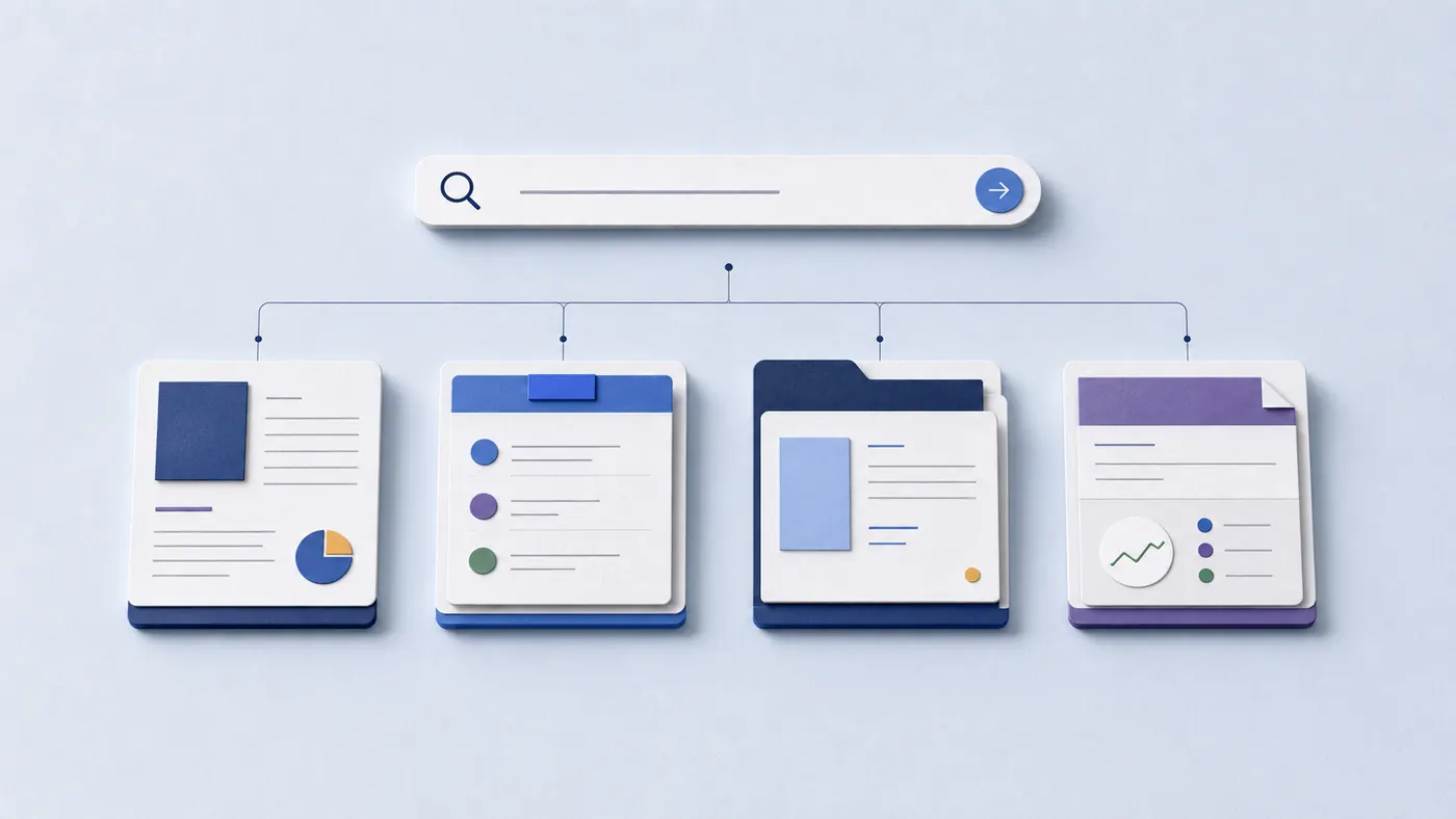 A simple illustrated search trail connecting a query to library, services, industry channels, and newsletter destinations.