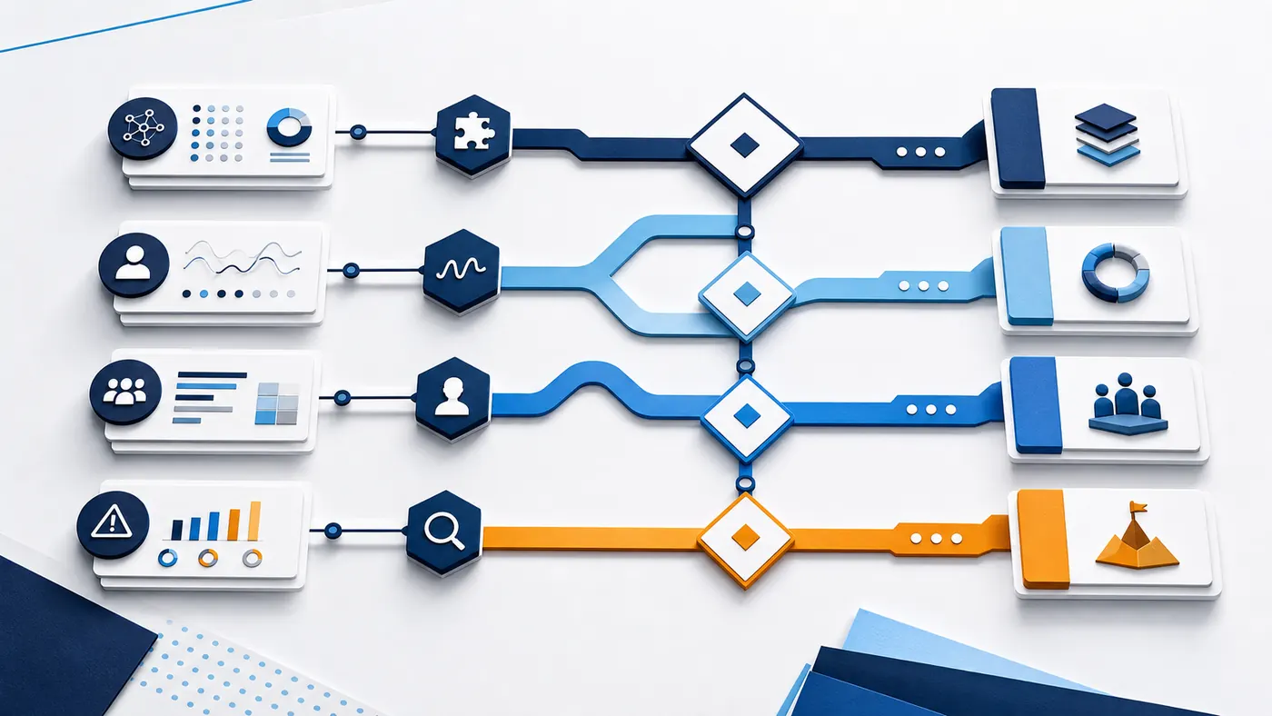 A services diagnostic path showing fee friction, advice-value questions, customer behaviour, operational evidence, and decision routing.