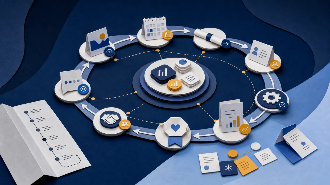 A dynamic experience journey loop showing evidence, handoffs, decision windows, revenue outcomes, and learning returning to the beginning.