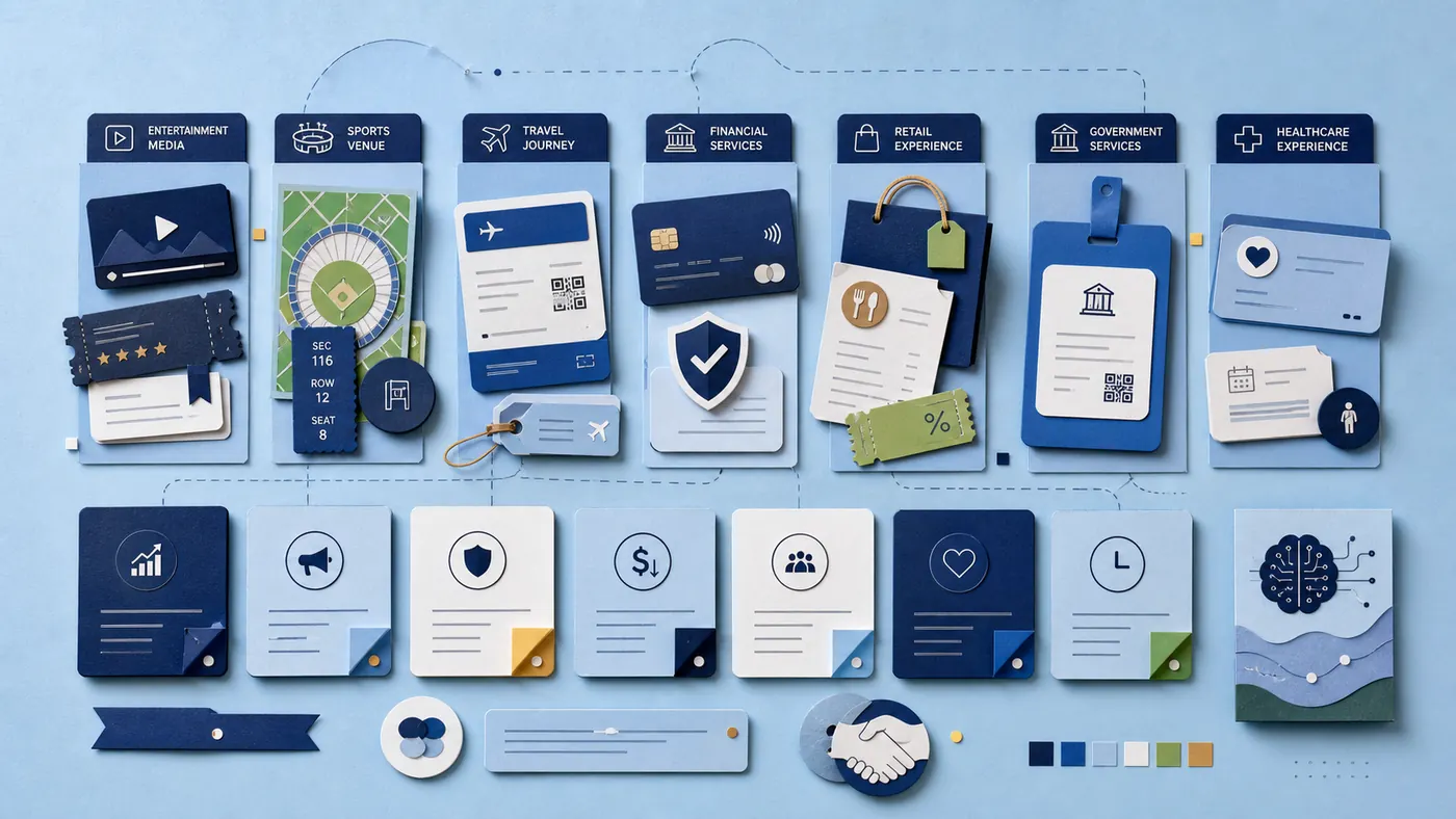 A pale blue multi-industry illustration showing entertainment, sports, travel, financial services, retail, government, healthcare, AI-assisted pattern reading, and revenue or public-value questions.