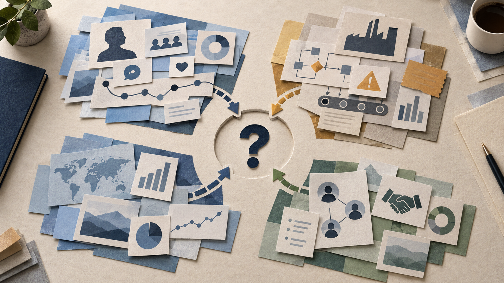 Matte paper illustration showing experience evidence converging toward an unresolved Revenue Unknown question.